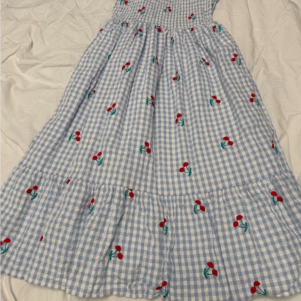 btween Light Blue and White Gingham Dress with Red Cherry Embroidery